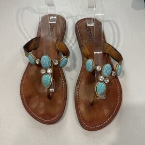 Mystique Sandals Thongs Jeweled Turquoise Crystal Rhinestones Gold Aqua Size 10